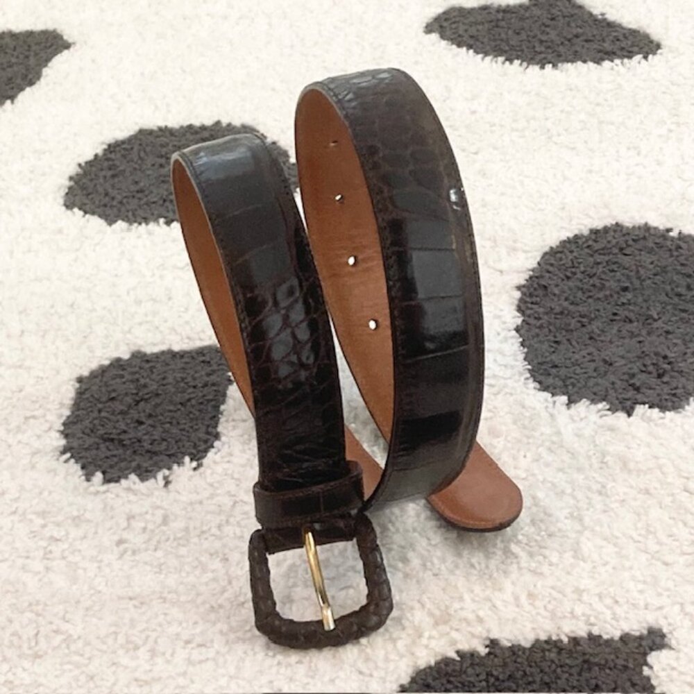 Vintage Womens Small Made in Italy Brown Leather Embossed Crocodile Croc Belt